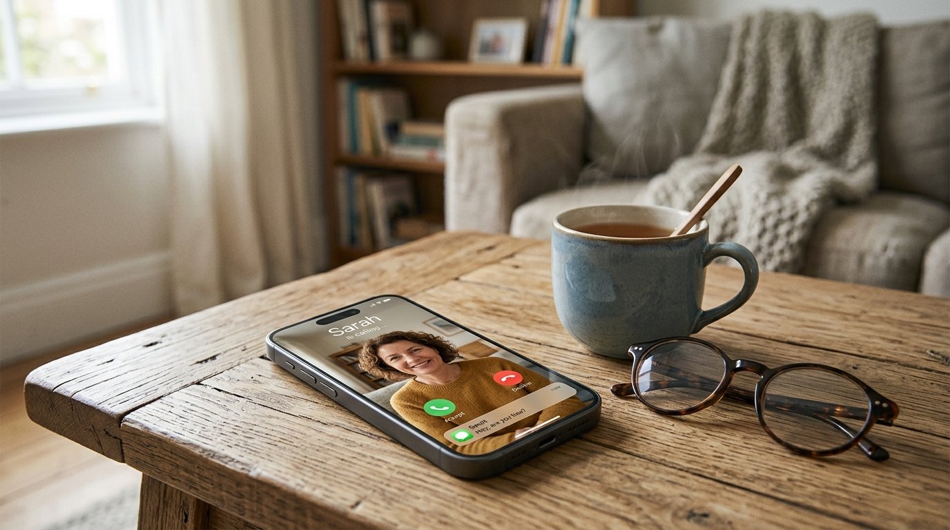 Smartphone showing an online video call on a cozy coffee table