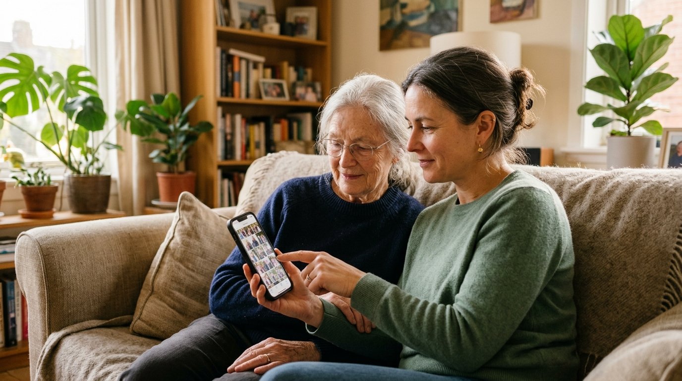 Adult daughter and elderly mother reviewing tablet together calmly