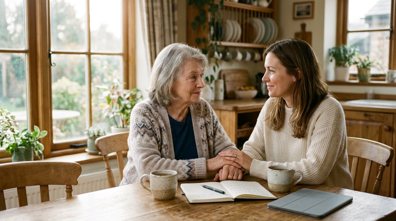 Family sitting together around warm kitchen table with tea offering gentle reassurance