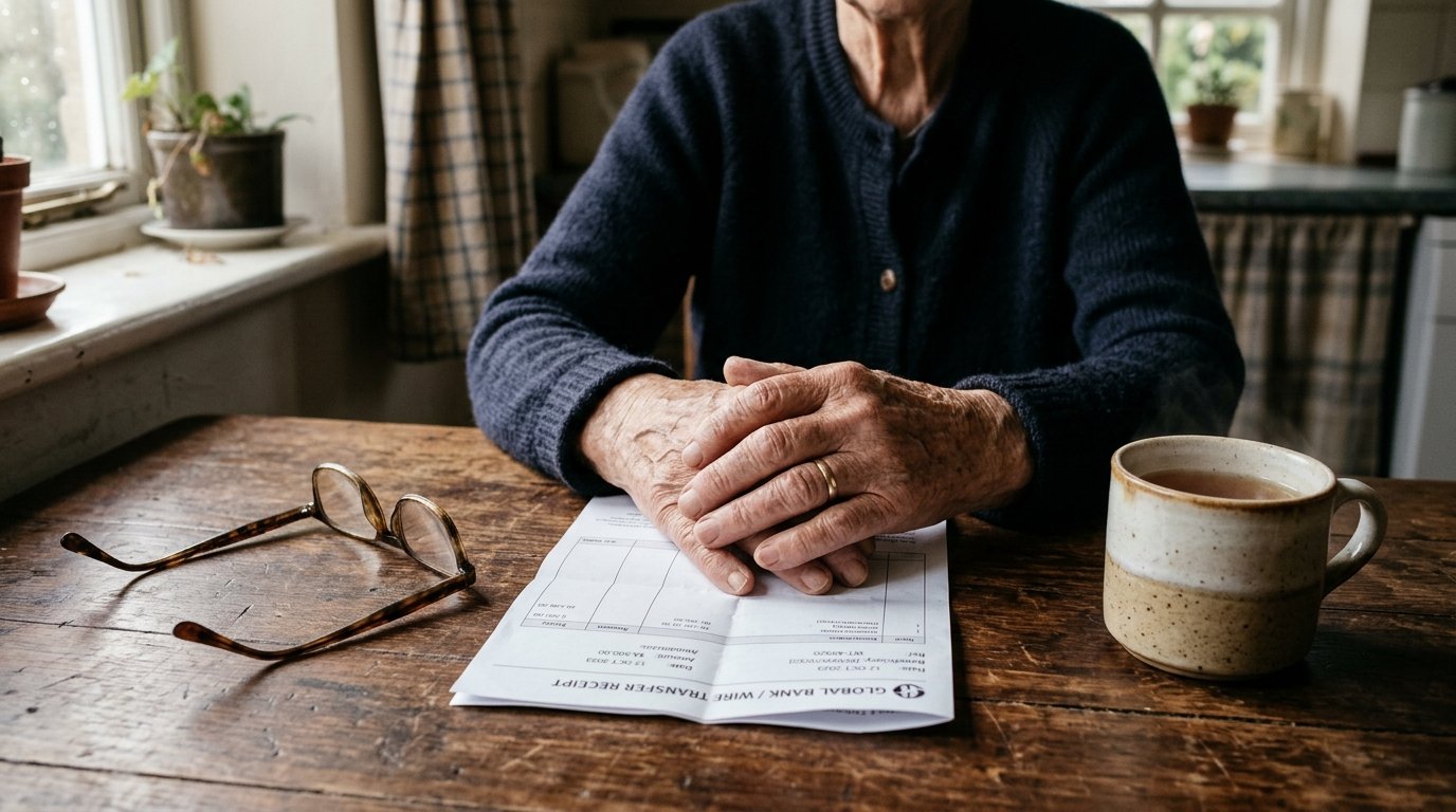 Wrinkled hands resting on kitchen table next to wire transfer receipt and reading glasses