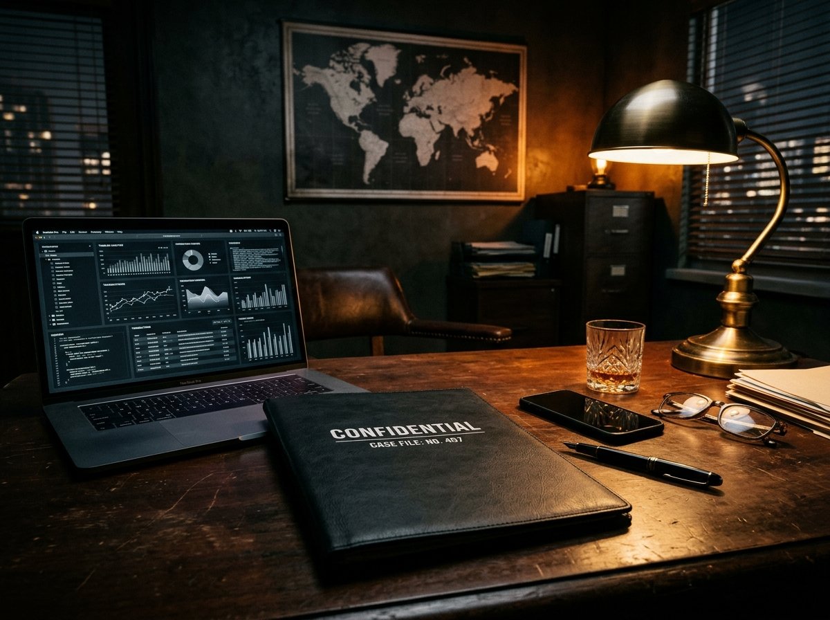 Investigator desk with confidential case dossier and forensic workstation