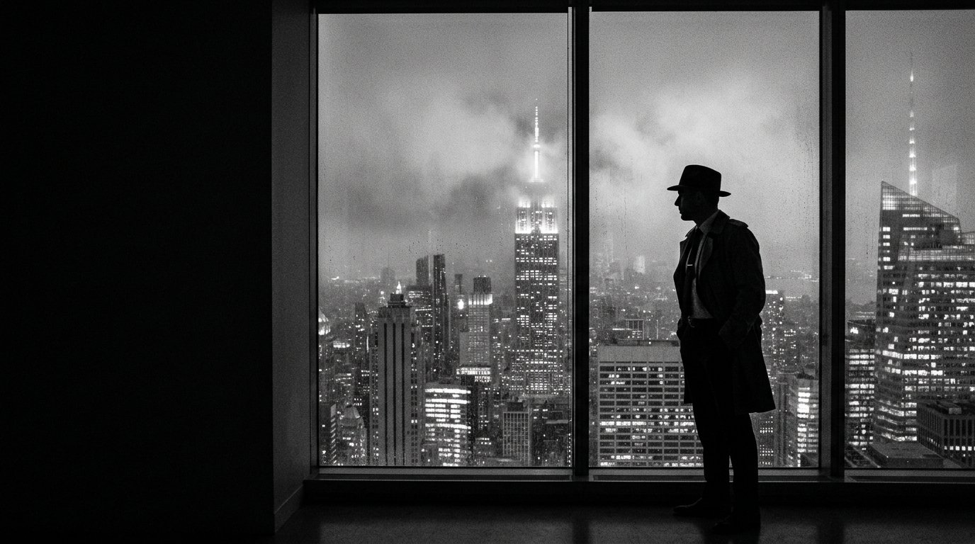 Private investigator overlooking metropolitan skyline